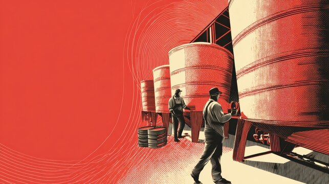 Brewery Workers Inspect Fermentation Tanks During the Brewing Process in a Stylized Scene Highlighting Teamwork and Craftsmanship