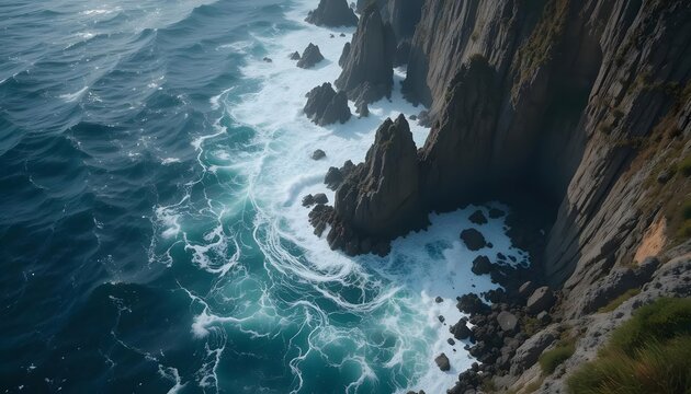Aerial view of ocean waves crashing against rocky cliffs on a sunny day with clear turquoise water
