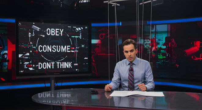 Controlled News Report: Puppet Anchor on Screen