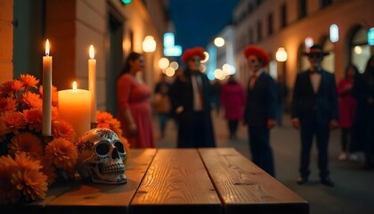 City hall's Día de los Muertos tribute, displaying an altar with colorful sugar skulls and marigolds, honoring loved ones