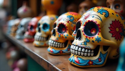 A collection of colorful sugar skulls on a shelf, symbolizing Día de los Muertos, with marigolds in the background