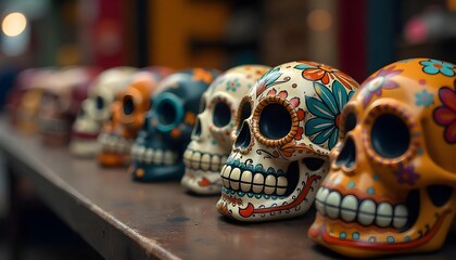 A vibrant display of sugar skulls on a shelf, part of an ofrenda for Día de los Muertos, with marigolds behind