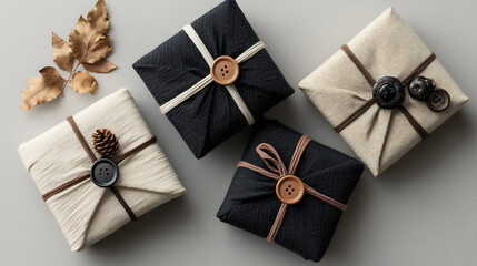Eco-Friendly Fabric Wrapped Gift Boxes with Buttons and Natural Elements – Sustainable Holiday Packaging Flatlay