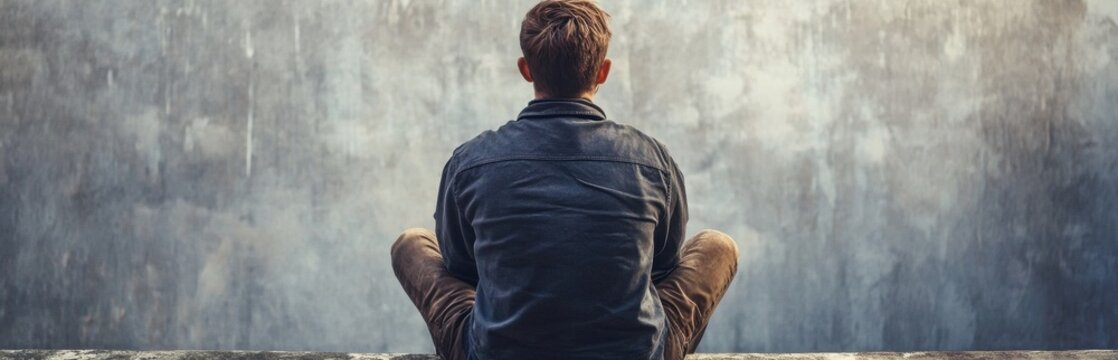 A thoughtful person sits alone facing a blank wall, representing solitude and introspection. The image conveys a sense of calm and exploration of emotions.