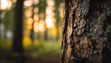 Obraz premium Close-up of tree bark in forest with soft sunlight and blurred background