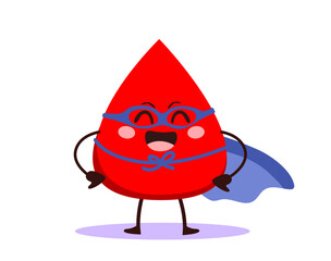 Fun cartoon blood drop dressed as a superhero with a red cape vector illustration. Mascot for donation campaigns, health awareness and medical graphics