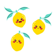 Collection of cartoon lemons featuring a variety of facial expressions, shapes, and leaf arrangements vector illustration. Drawing elements for stickers, packaging and kid products