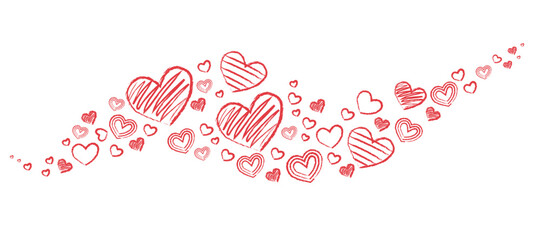 Artistic wave of red hearts drawn with pencil texture vector illustration. Design element for romantic themes, love cards or Valentine’s designs
