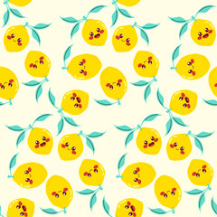 A cheerful seamless pattern of flat-style lemon characters on a yellow background vector illustration. Background for packaging, fabric prints and kids designs