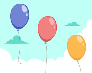 Minimal cartoon of colorful balloons floating upward into a bright sky vector illustration. Drawing for invitations, celebration themes and festive backgrounds