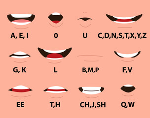 Collection of cartoon male mouths showing various phoneme positions vector illustration. Design elements for animation, rigging and character dialogue creation