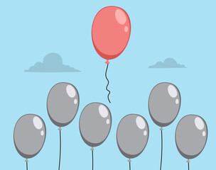 Cartoon of one red balloon rising among grey balloons, symbolizing uniqueness and confidence vector illustration. Drawing for leadership, motivation, and mental health themes