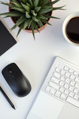 A top-down shot of workspace with wireless mouse, keyboard, coffee, and sketchpad—minimalist tech setup