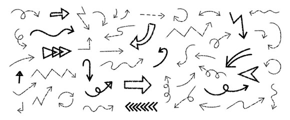Chalk hand drawn arrow sketch element set. Doodle arrow sketch sign and chalk, crayon pencil texture. Vector illustration.