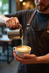A barista pouring latte art into coffee cup, steam rising, indoor café ambiance, natural cozy tones