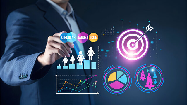 Digital marketing strategy and audience targeting concept. Businessman interacts with data analytics dashboard, customer engagement insights, online advertising, businessman drawing a social network