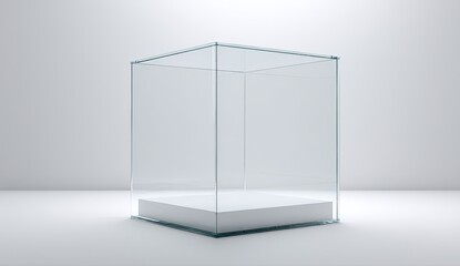 Empty glass display case on white pedestal