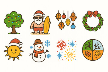 Fototapeta premium Flat Coloring Seasonal Christmas Icons, Four Seasons Holiday Set