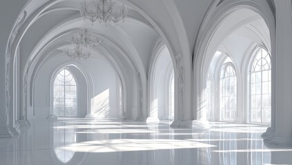 Grand, white hall with arched windows and vaulted ceiling