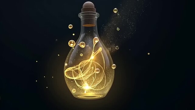 Golden elixir in a bottle magical concept, alchemy and fantasy potion