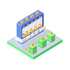 Isometric Illustration of Automated Production Line with Conveyor Belts and Robotic Arms
