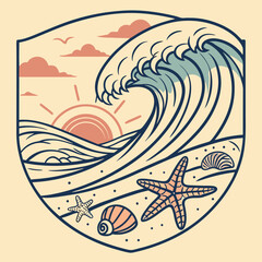 Retro Beach Scene Illustration with Wave Sun Starfish and Seashells in Shield