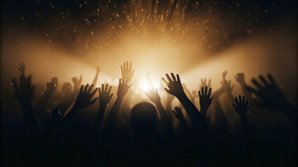 Crowd with hands raised in worship under bright stage lights