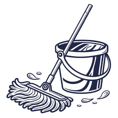 Illustration of a Mop and Bucket for Cleaning on White Background