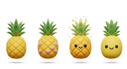 Four cute cartoon pineapple designs on white background