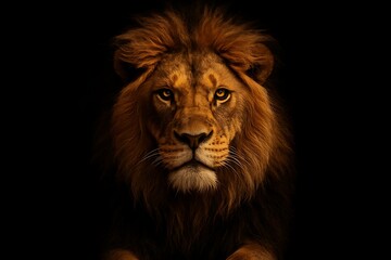 Naklejka premium Intense portrait of a lion with a commanding gaze, highlighting its majestic mane and sharp features in stunning low light photography