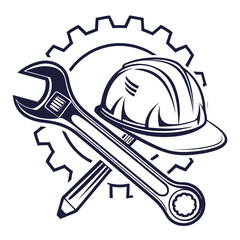 Engineering and Construction Logo with Hard Hat Wrench Pencil and Gear