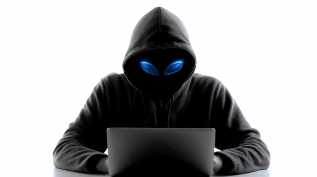 Mysterious hacker working on laptop with glowing eyes, cyber security concept