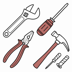 Illustration of various hand tools including a wrench hammer pliers and screwdrivers