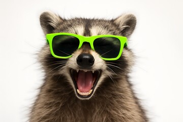 Cool raccoon with neon green sunglasses, sporting a mischievous smile, exuding playful confidence and swagger in a fun, modern portrait