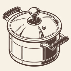 Detailed Line Art Illustration of a Covered Cooking Pot or Saucepan
