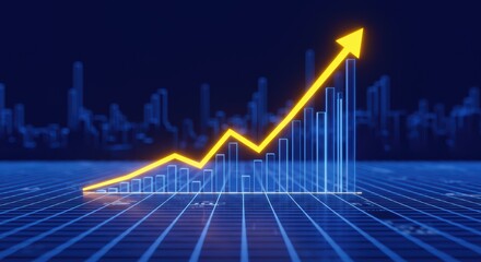 Naklejka premium Visualizing a Consistent Upward Trend on a Digital Grid With a Futuristic Cityscape in the Background Illustrating Growth and Progress