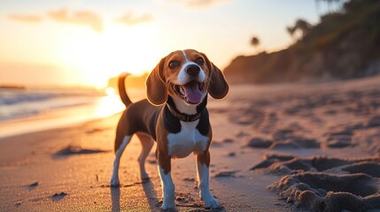 A happy Beagle wagging its tail on a beach during golden hour.
