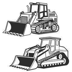 Two bulldozer construction vehicles in black and white line art style © GDMala02