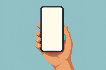 Contemporary flat design artwork of a hand grasping a sleek mobile device with empty display, perfect for app mockups and digital presentations