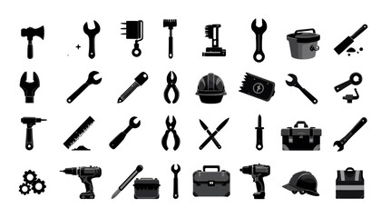Obraz premium A collection of various tools, including wrenches, hammers, and other equipment, are depicted in a vector illustration, perfect for construction, repair, and mechanical projects.