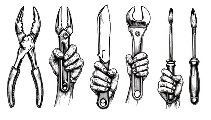 A collection of strong human hands gripping various essential work tools like wrenches, pliers, and screwdrivers, rendered in a detailed vintage vector style.