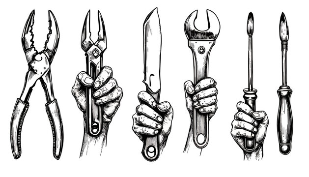 A collection of strong human hands gripping various essential work tools like wrenches, pliers, and screwdrivers, rendered in a detailed vintage vector style.