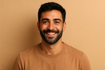 Obraz premium cheerful young man with beard smiling confidently against beige background wearing casual brown t shirt in studio portrait closeup