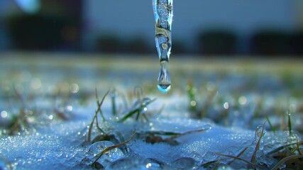 Macro shot of melting icicle on grass, close-up view of ice water dripping on grass during a cold - Powered by Adobe