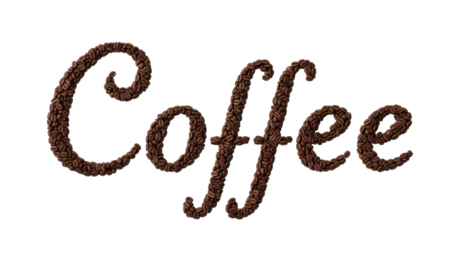 The word Coffee written with dark roasted coffee grounds isolated on white background for design use