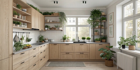 Scandinavian kitchen with light wood cabinets, floating shelves, and greenery, in a cozy apartment setting.
