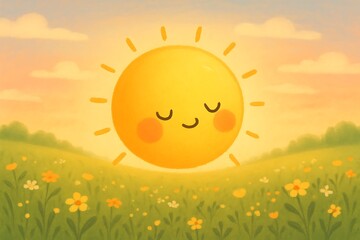 Fototapeta premium Adorable smiling sun illustration with serene face lighting up a flower filled field during sunrise, evoking calmness and happiness
