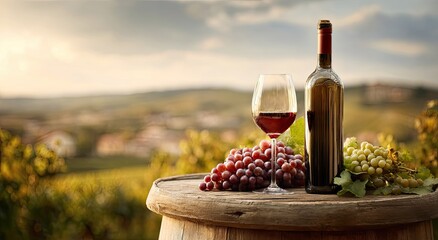 Red wine glass and bottle on wooden barrel with grapes, vineyard backdrop at sunset