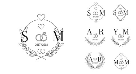 A collection of wedding monograms and logos with initials, rings, hearts, and laurel wreaths. Designs include date options and a minimalist, elegant aesthetic.