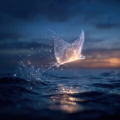 Glowing Stingray in Night Sea